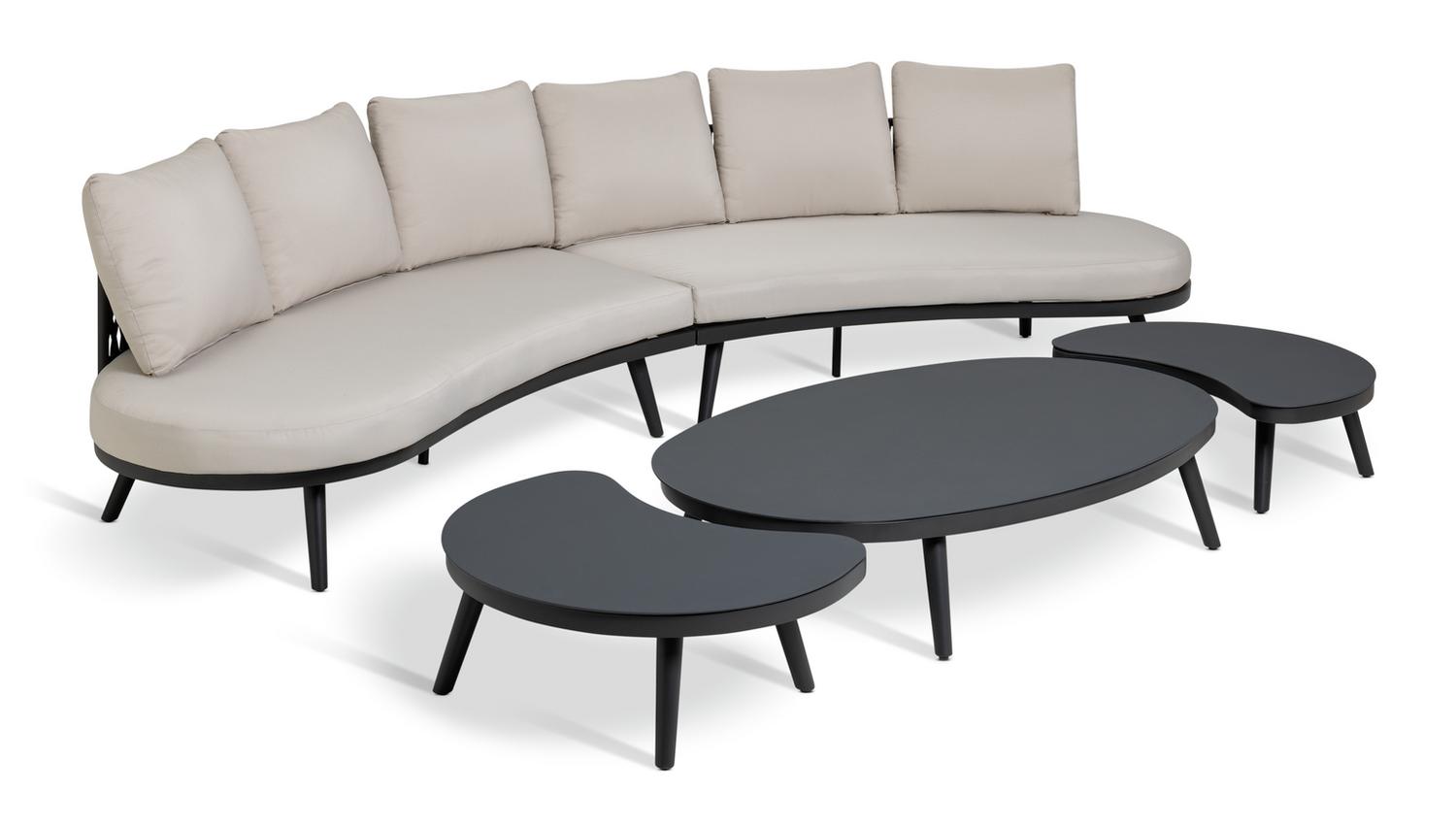 Curved beige sectional sofa with black frame and matching coffee tables, modern luxury living room furniture