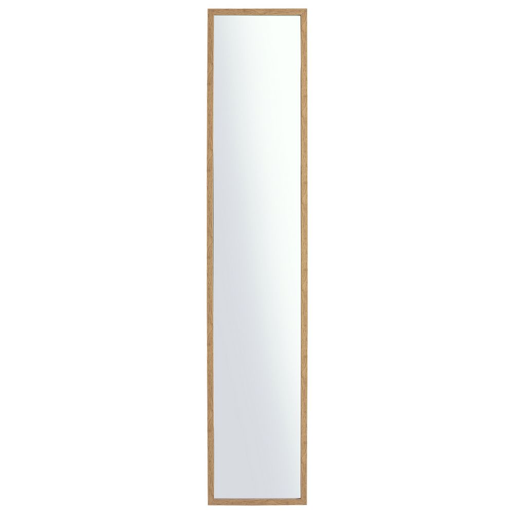 Tall full-length mirror with light oak wood frame, modern minimalist design for bedroom or living space