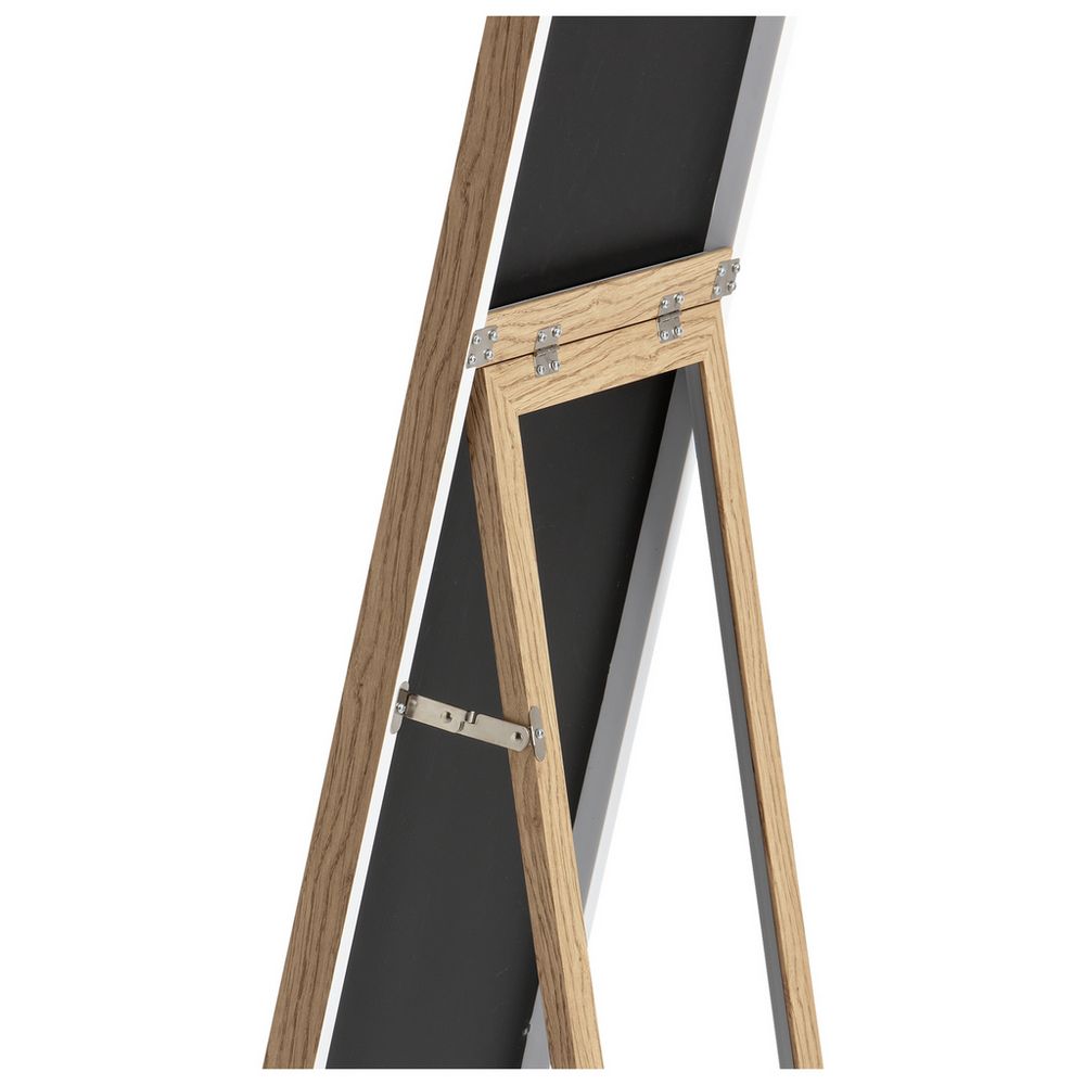 Wooden A-frame mirror with black backing and metal hinges, modern home decor