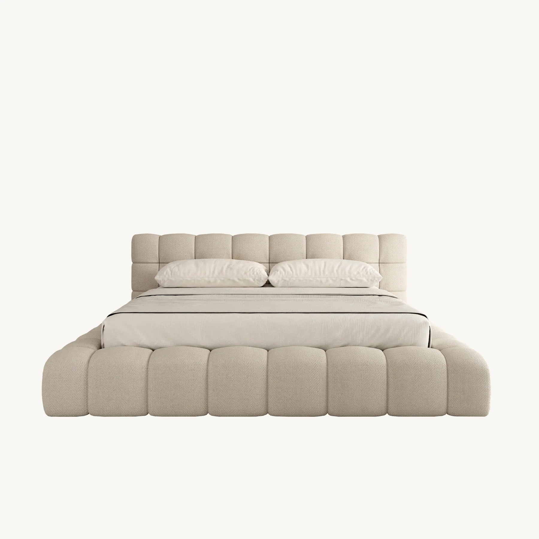 Modern beige upholstered bed with tufted headboard and two pillows, luxury bedroom furniture