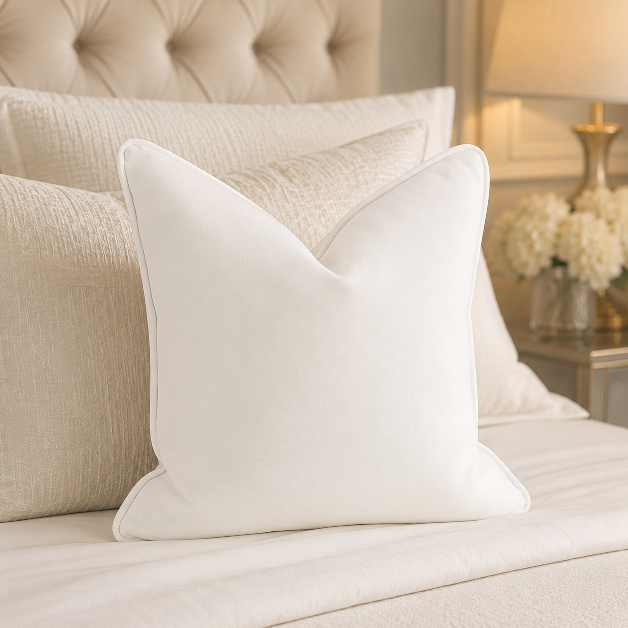 Luxury white velvet throw pillow on cream bed with tufted headboard, elegant bedroom decor