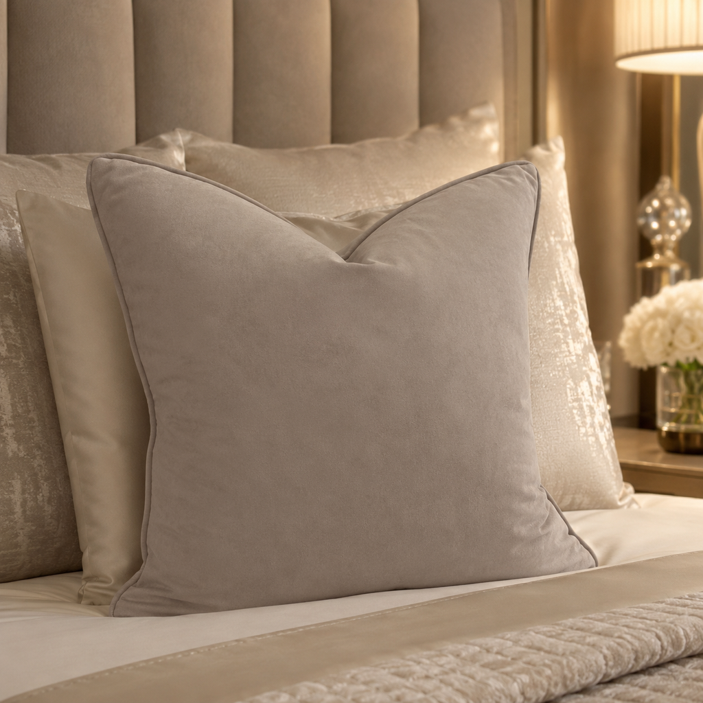 Luxury velvet bed pillows in neutral tones, styled on a plush upholstered bed with ambient bedside lighting.