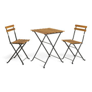 Compact outdoor bistro set with wooden slats and black metal frame, ideal for patios or balconies