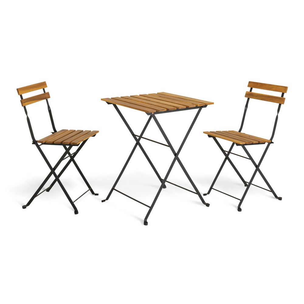 Compact outdoor bistro set with wooden slats and black metal frame, ideal for patios or balconies