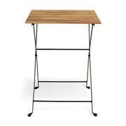 Compact wooden slat table with black metal frame, ideal for small spaces or outdoor use