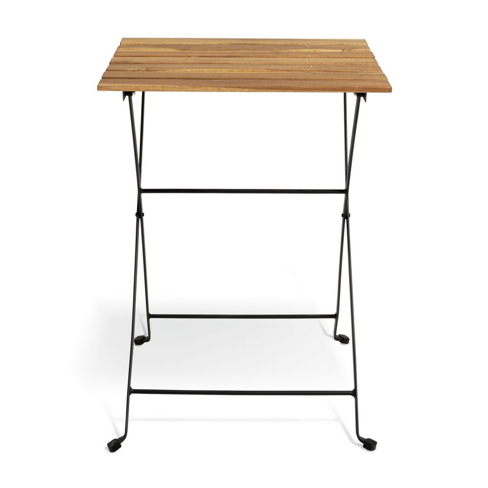 Compact wooden slat table with black metal frame, ideal for small spaces or outdoor use