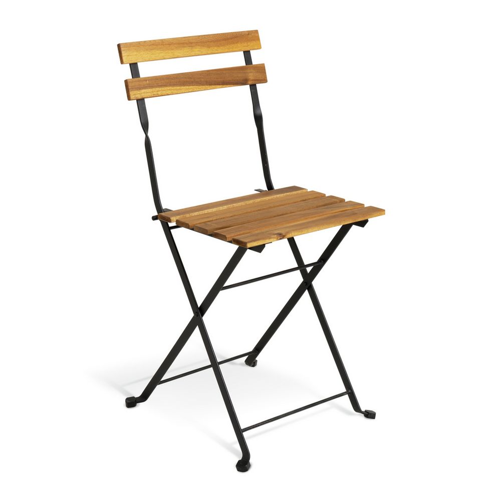 Wooden folding chair with black metal frame, ideal for patio or bistro use