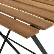 Wooden slatted bench with black metal legs, modern outdoor furniture design