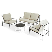 Modern black metal sofa set with cream cushions and round side table, luxury living room furniture