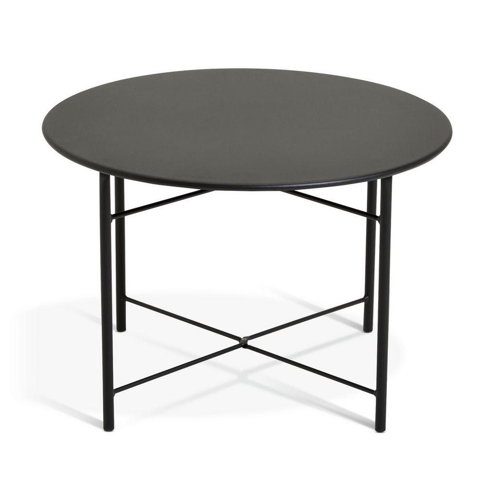 Modern black round coffee table with sleek metal legs for contemporary living rooms