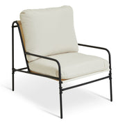 Cream cushioned armchair with black metal frame, modern lounge chair for living room