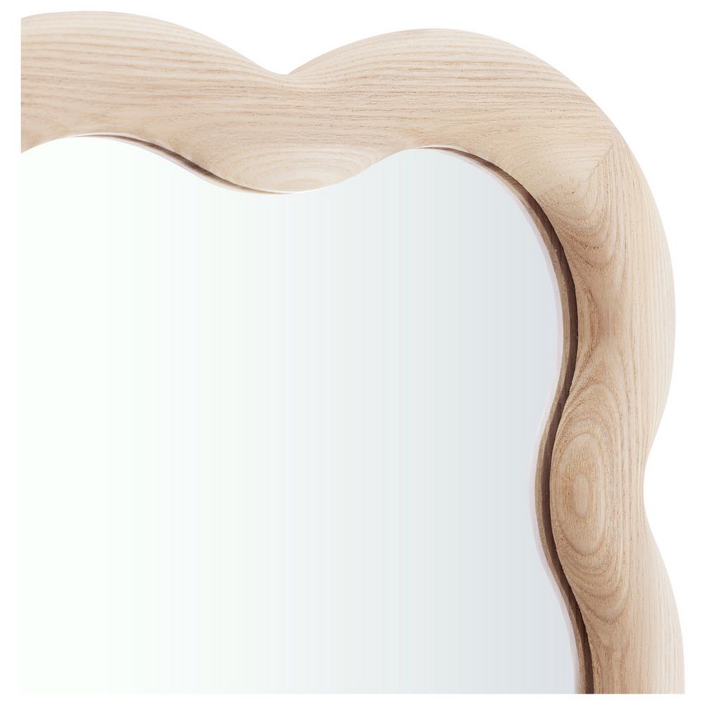 Organic-shaped wooden mirror with natural grain, modern home decor accent