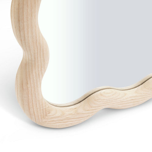 Organic-shaped wooden mirror with natural grain, modern wall decor for living room or bedroom