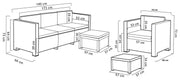 Sofa set dimensions diagram with 3-seater, armchair, and ottomans for luxury living room furniture
