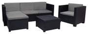 Black wicker outdoor sofa set with grey cushions, includes sectional, armchair, and coffee table