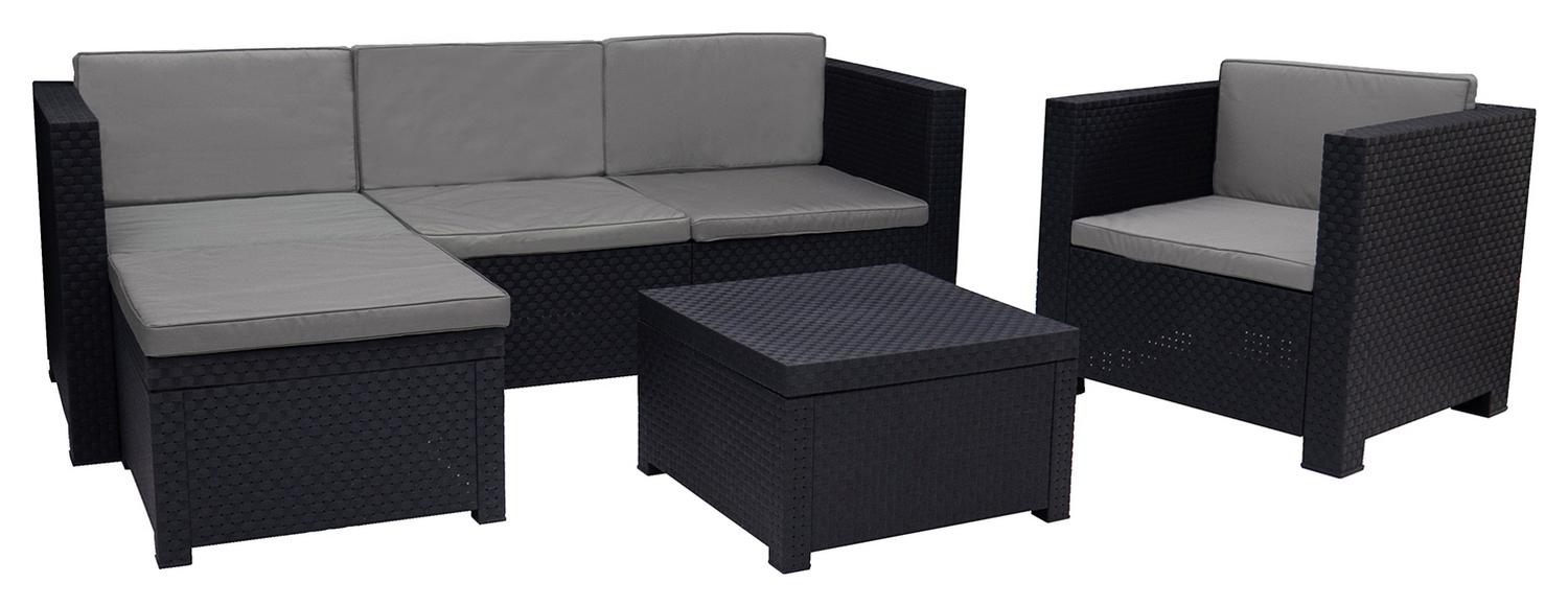 Black wicker outdoor sofa set with grey cushions, includes sectional, armchair, and coffee table