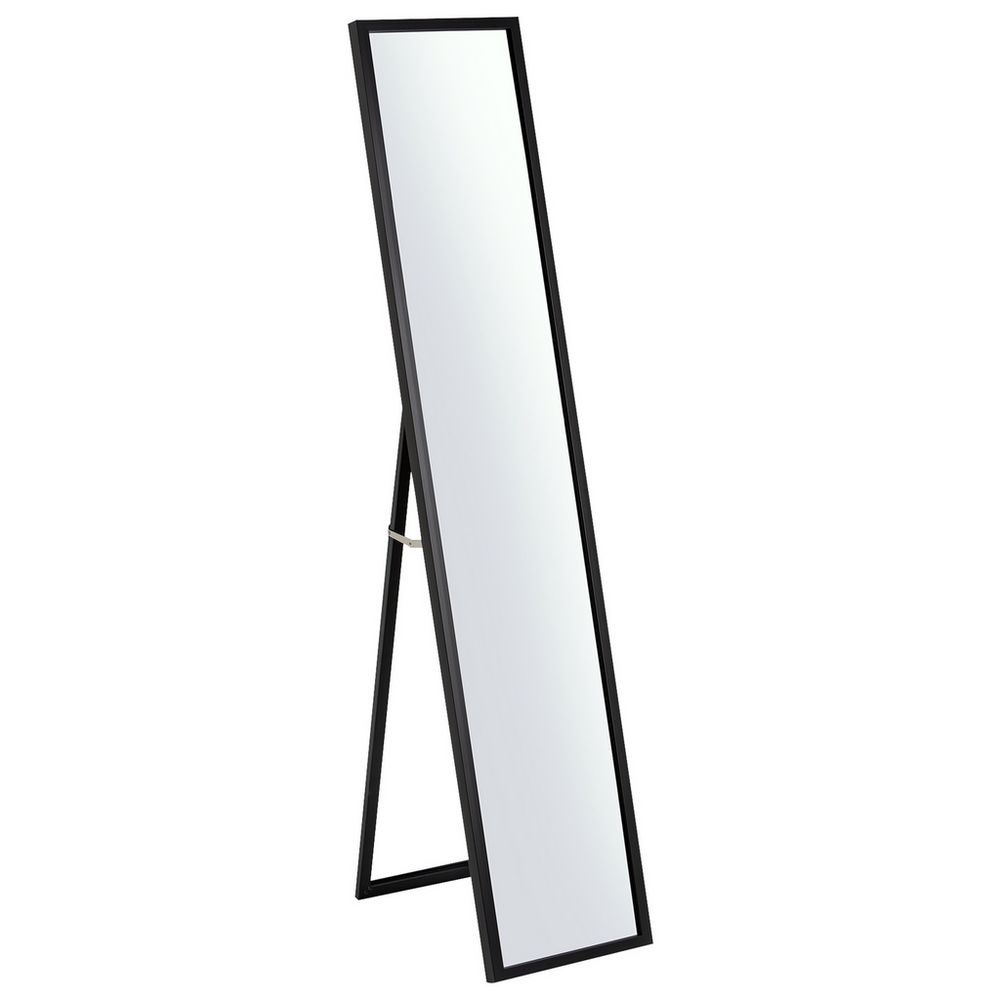 Black full-length floor mirror with slim frame and A-frame stand for bedroom or hallway
