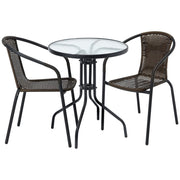 Outdoor wicker bistro set with glass table and two chairs, perfect for patios or balconies