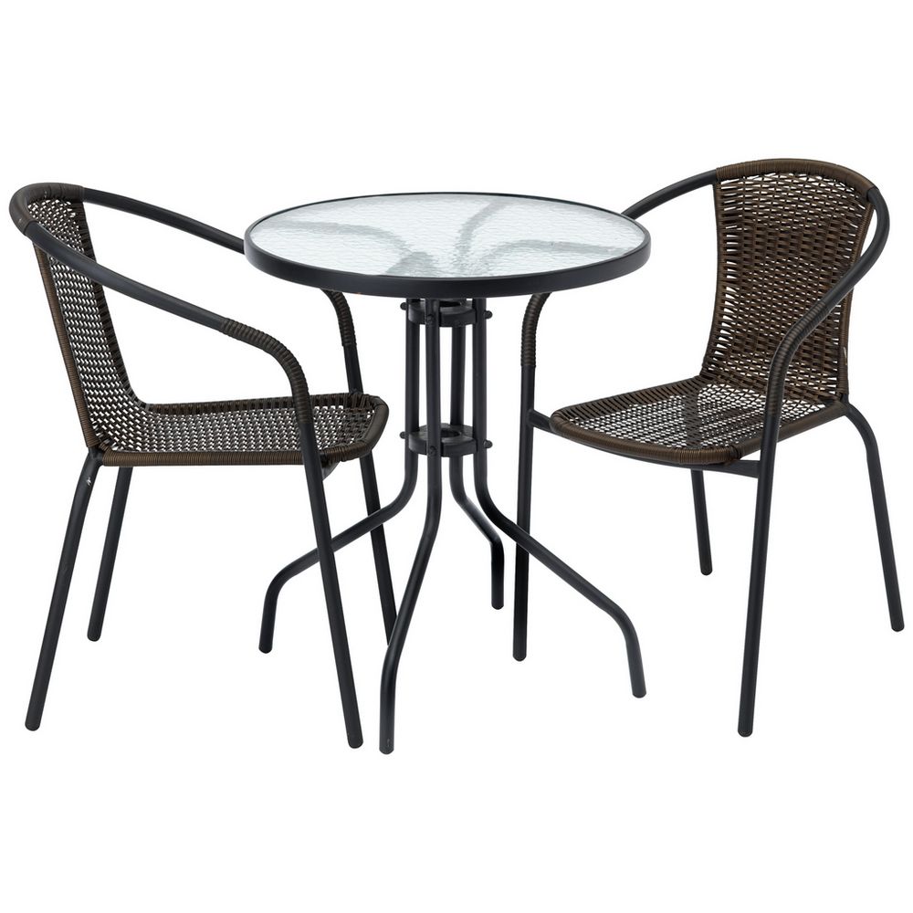 Outdoor wicker bistro set with glass table and two chairs, perfect for patios or balconies