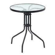 Black metal side table with round textured glass top, modern accent table for living room or patio
