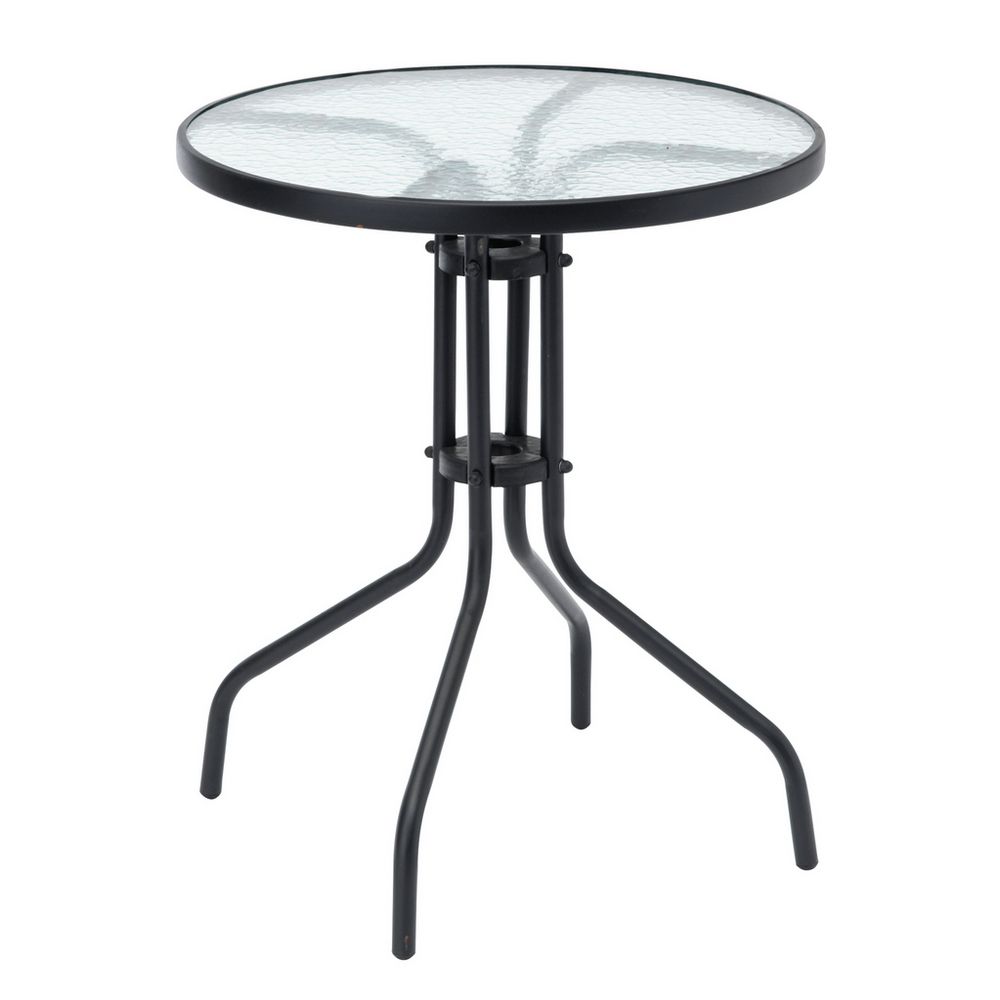 Black metal side table with round textured glass top, modern accent table for living room or patio