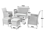 White wicker outdoor sofa set with dimensions, including 2 armchairs, ottomans, and coffee table for patio furniture