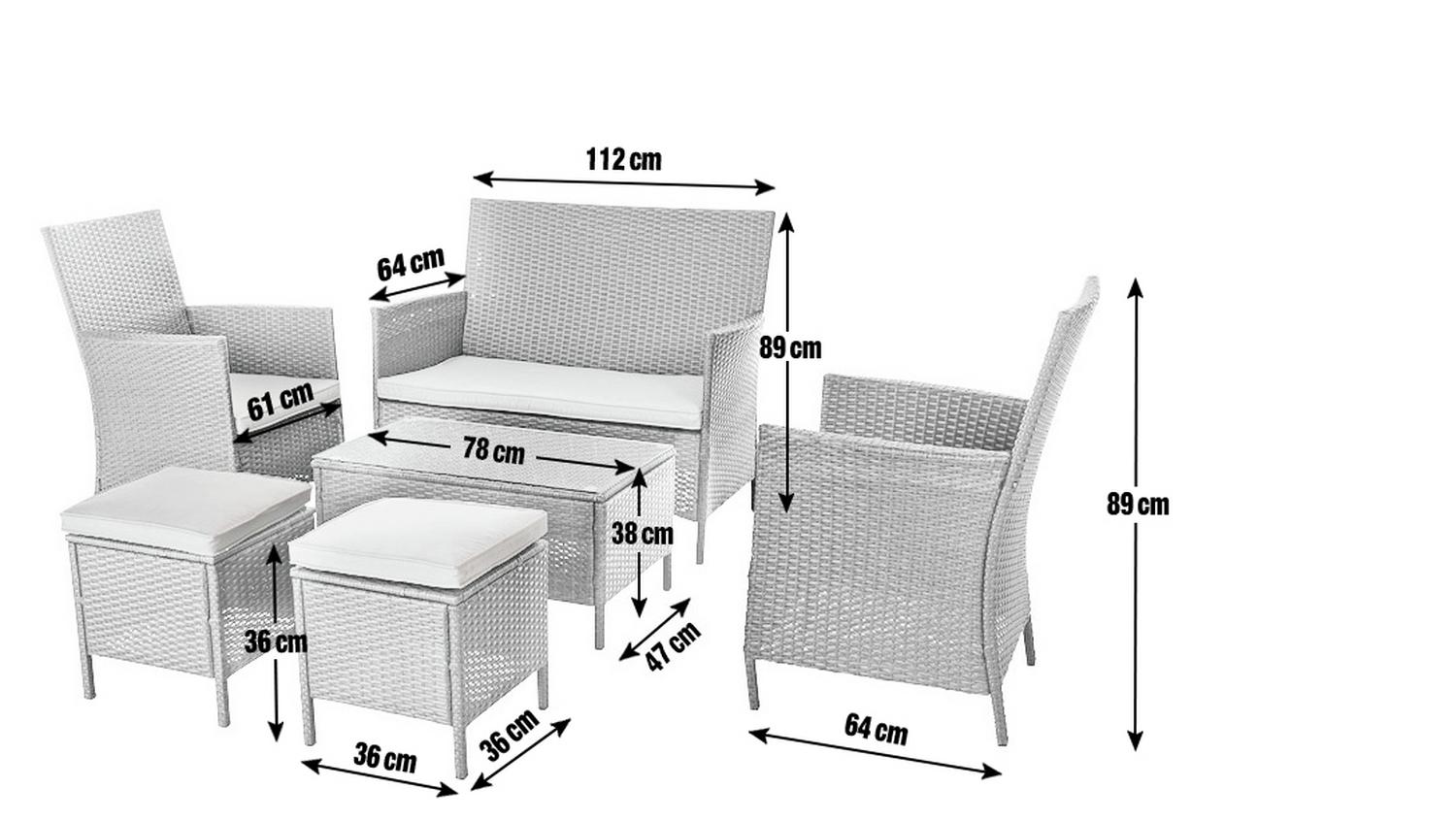 White wicker outdoor sofa set with dimensions, including 2 armchairs, ottomans, and coffee table for patio furniture