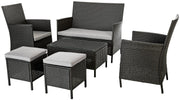 Dark wicker outdoor patio furniture set with grey cushions, including sofa, chairs, ottomans, and coffee table
