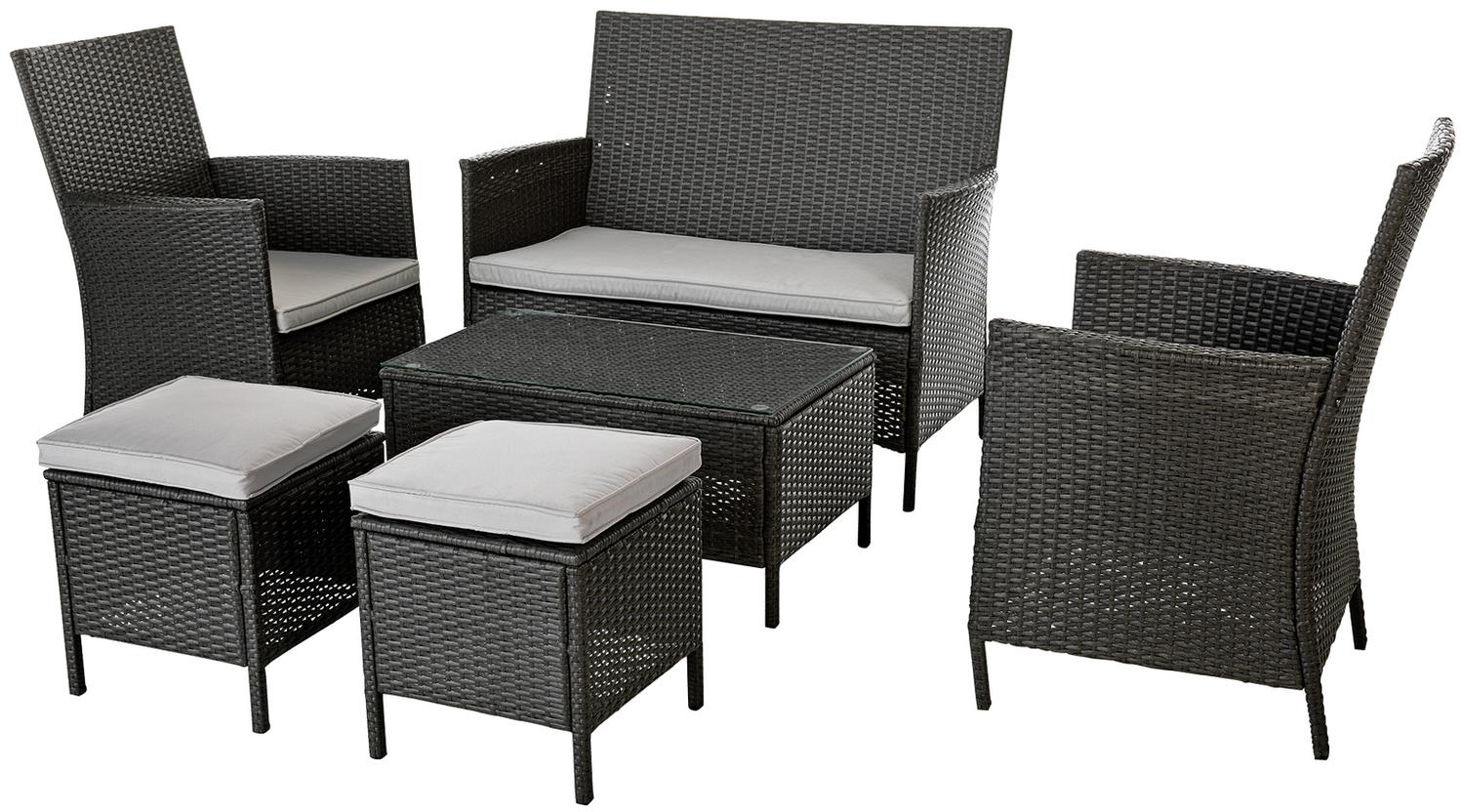 Dark wicker outdoor patio furniture set with grey cushions, including sofa, chairs, ottomans, and coffee table
