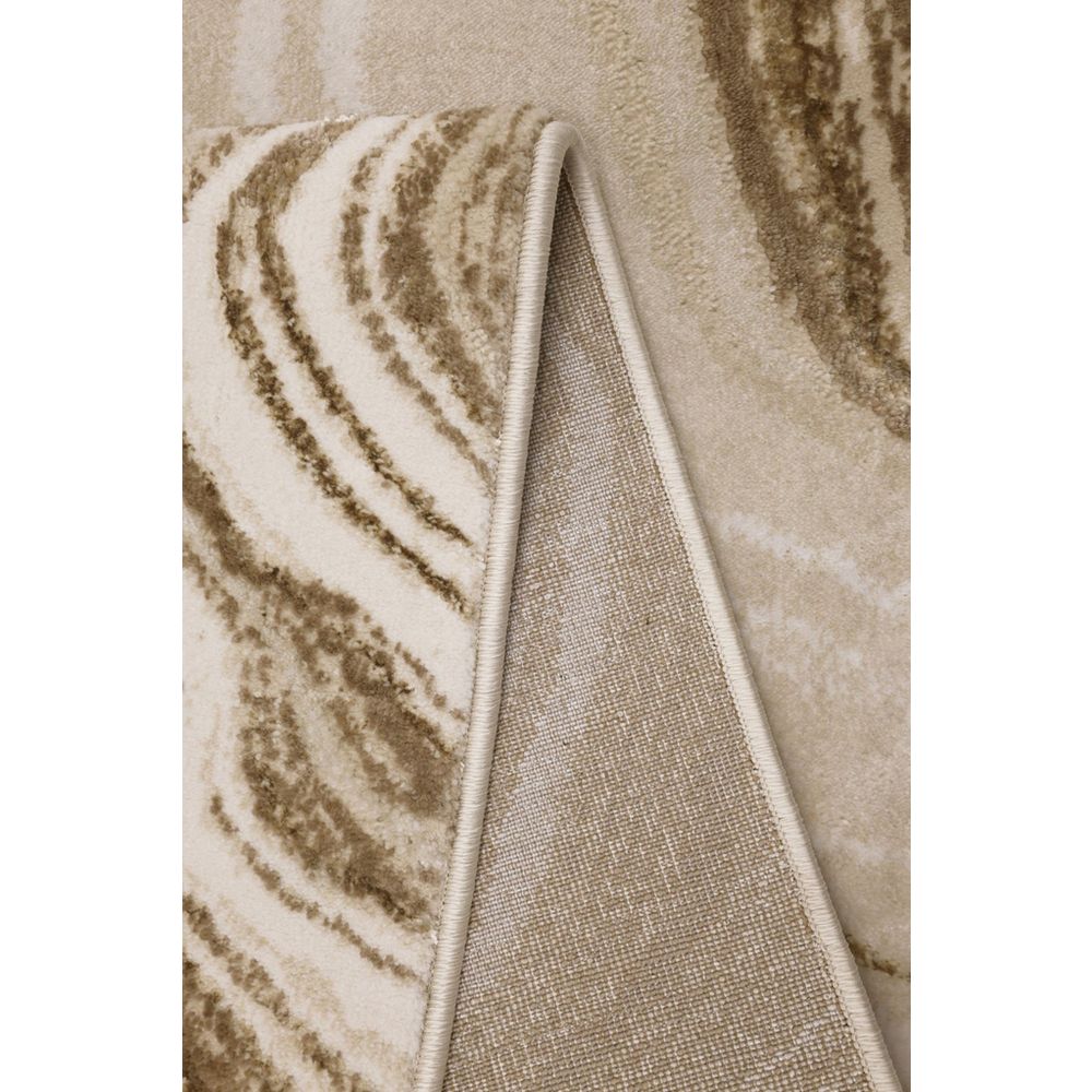Luxury beige area rug with swirling brown pattern and stitched edge, perfect for modern living rooms.