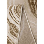 Luxury beige area rug with swirling brown pattern and stitched edge, perfect for modern living rooms.