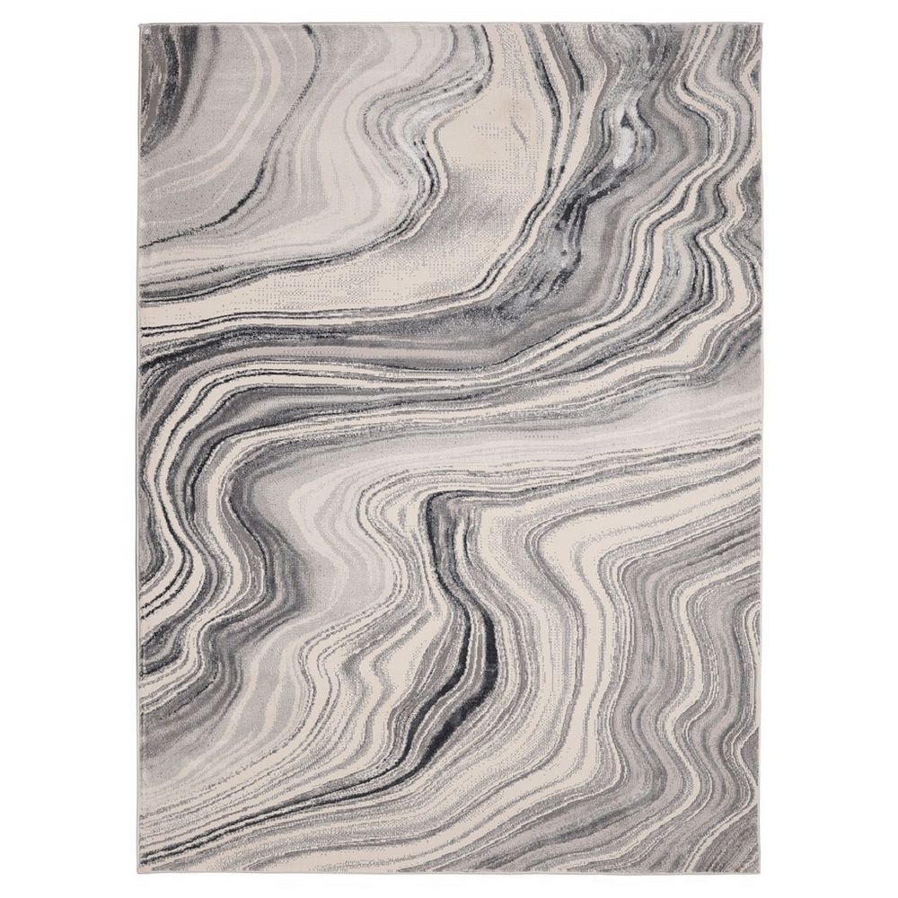 Grey and white abstract wave pattern area rug for modern living room decor