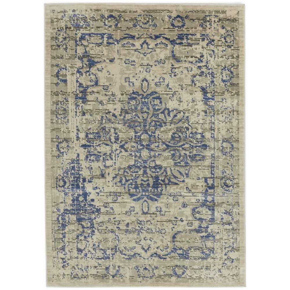 Blue and beige vintage-style area rug with distressed floral pattern, perfect for living room decor