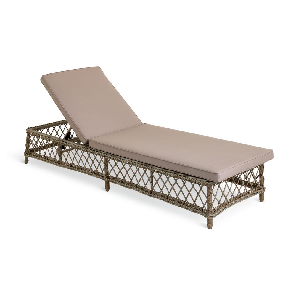 Wicker outdoor chaise lounge with beige cushion, perfect for patio relaxation