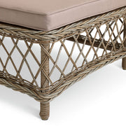 Woven rattan bench with beige cushion, diamond pattern base, luxury home furniture