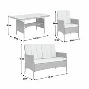 Grey wicker outdoor sofa set with white cushions, table & armchair, dimensions shown for garden furniture