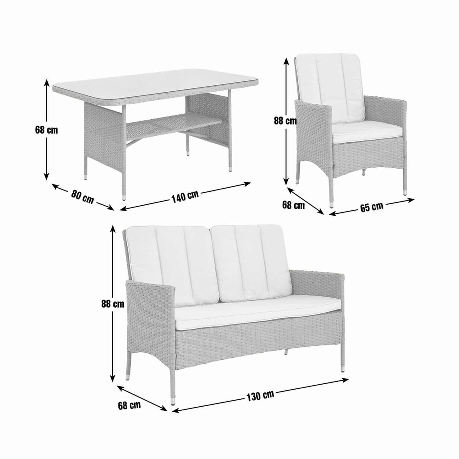 Grey wicker outdoor sofa set with white cushions, table & armchair, dimensions shown for garden furniture