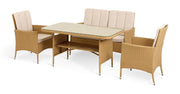 Rattan garden dining set with glass table, 2 armchairs & bench, beige cushions