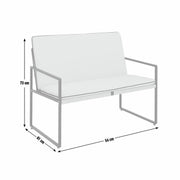 Modern white 2-seater sofa with metal frame, dimensions shown: 73cm H, 61cm D, 54cm W