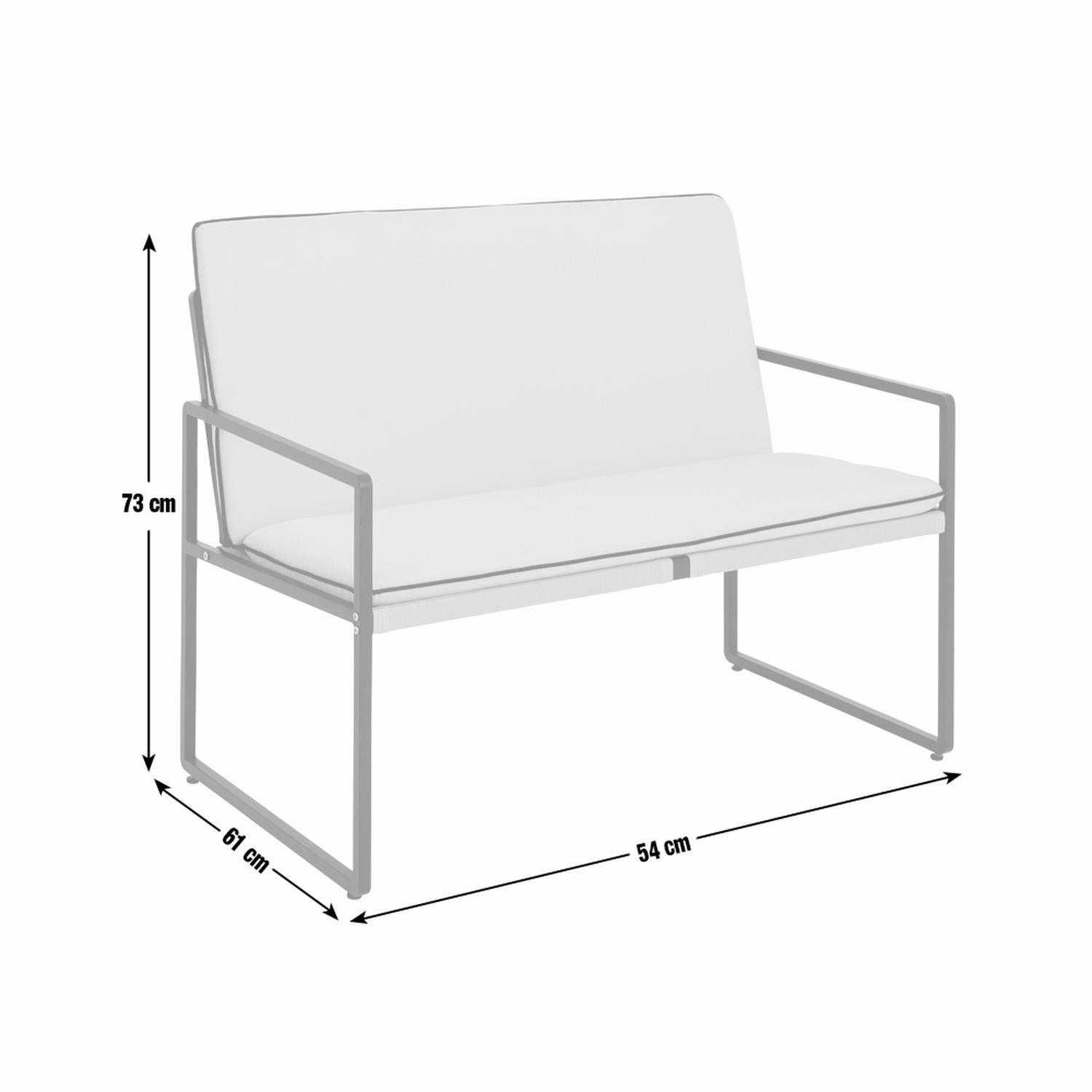 Modern white 2-seater sofa with metal frame, dimensions shown: 73cm H, 61cm D, 54cm W
