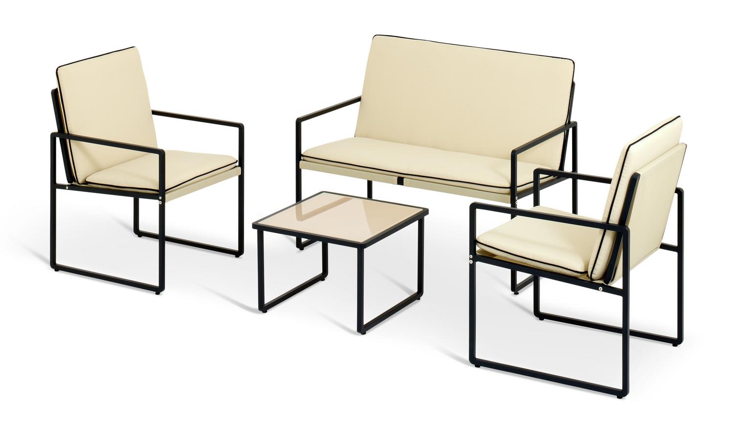 Modern cream sofa set with black metal frames and matching side table, luxury living room furniture