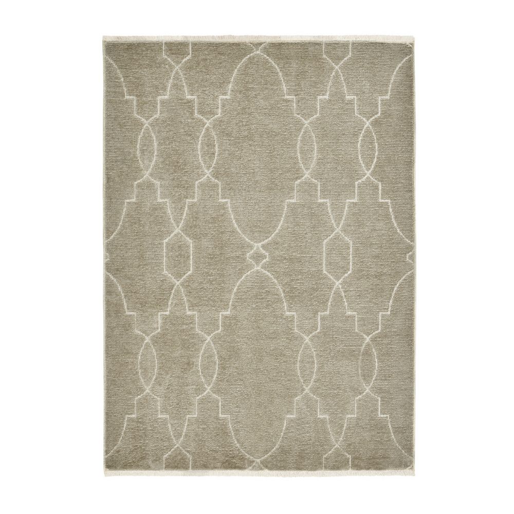 Beige area rug with white geometric lattice pattern and fringe edges, ideal for modern living rooms.