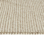 Cream and beige striped woven rug with textured loop pile, ideal for living room or bedroom decor.