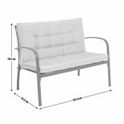 Striped outdoor sofa with grey metal frame, dimensions shown for garden or patio use