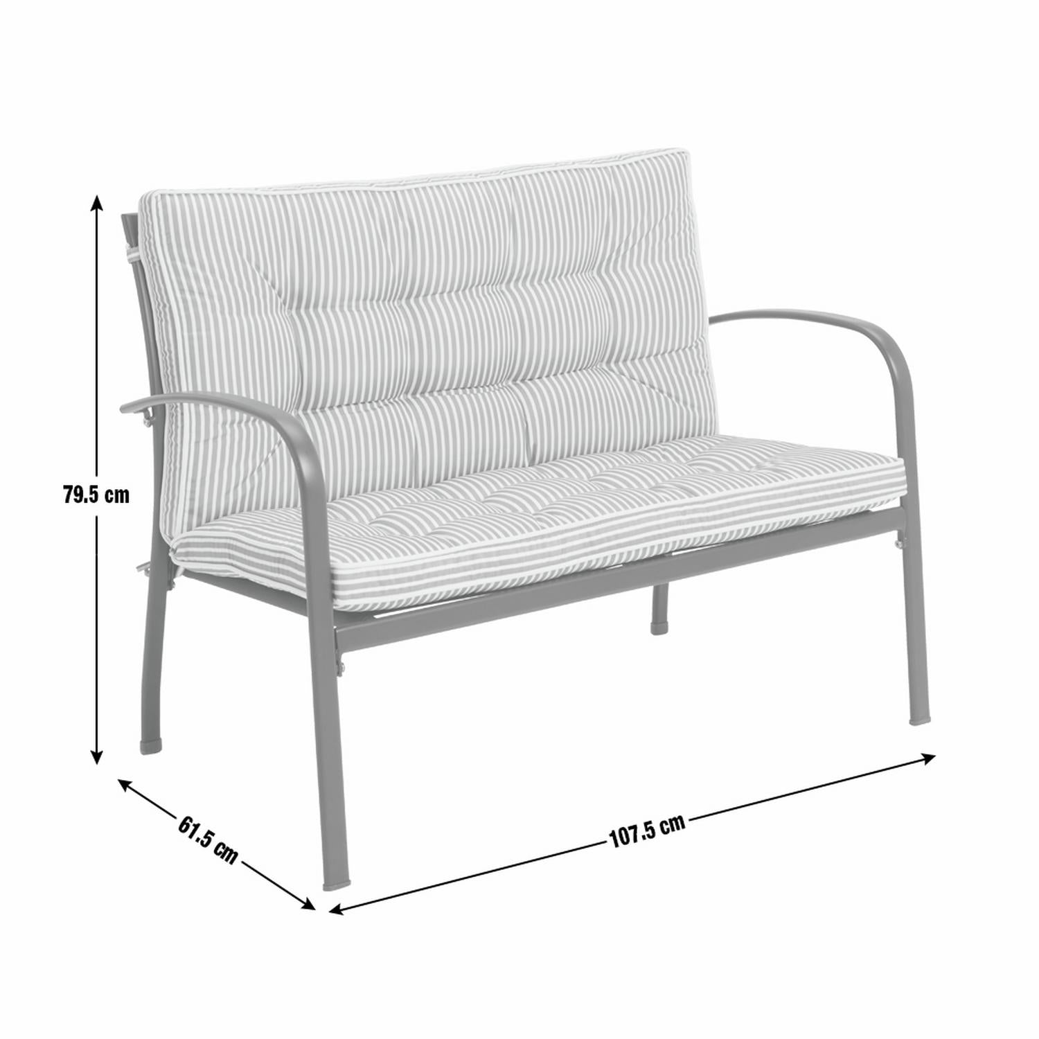 Striped outdoor sofa with grey metal frame, dimensions shown for garden or patio use