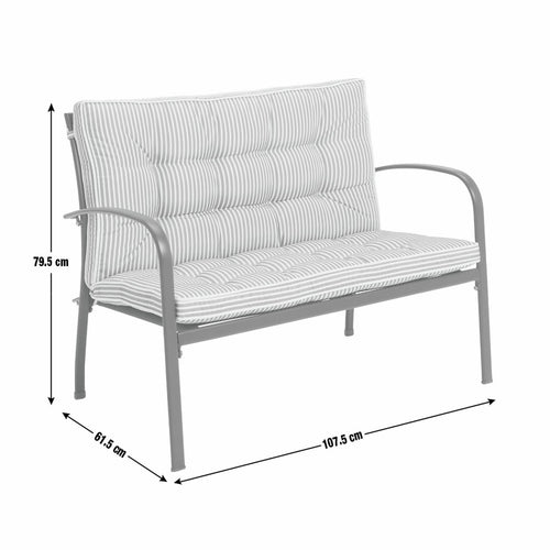 Striped outdoor sofa with grey metal frame, dimensions shown for garden or patio use