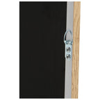 Black textured panel with silver metal latch and oak wood edge detail