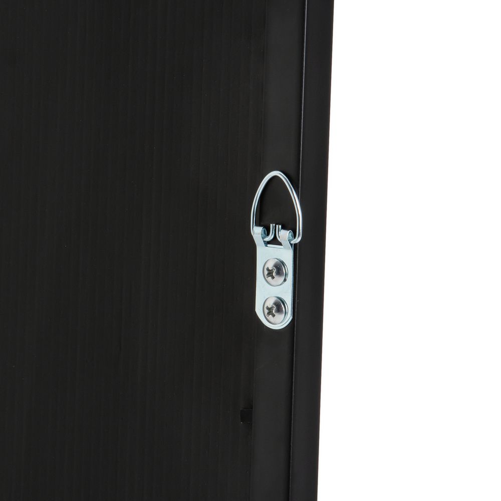 Black textured panel with silver metal D-ring latch and screws, close-up detail