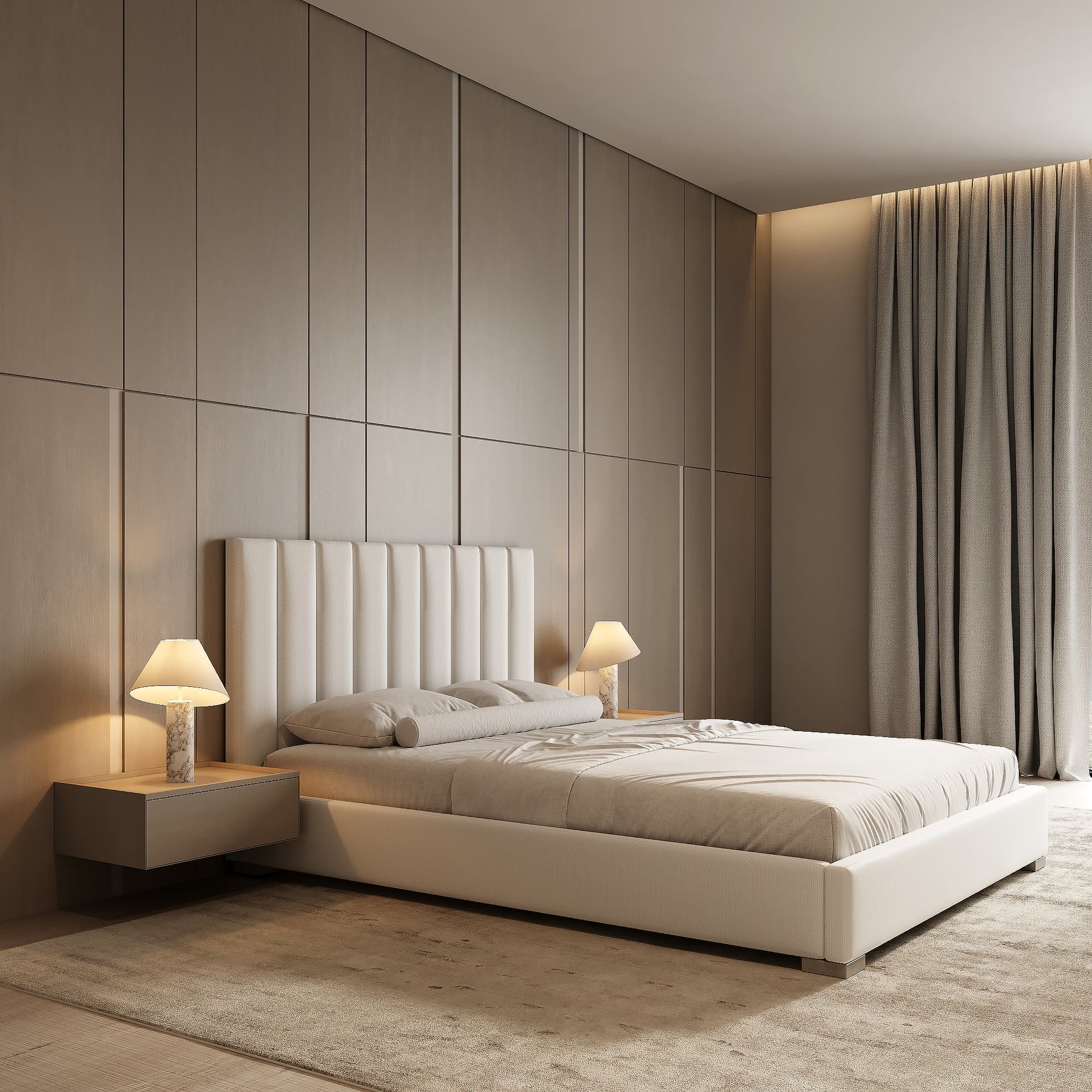 Modern beige upholstered bed in a luxury bedroom with neutral decor and two bedside lamps
