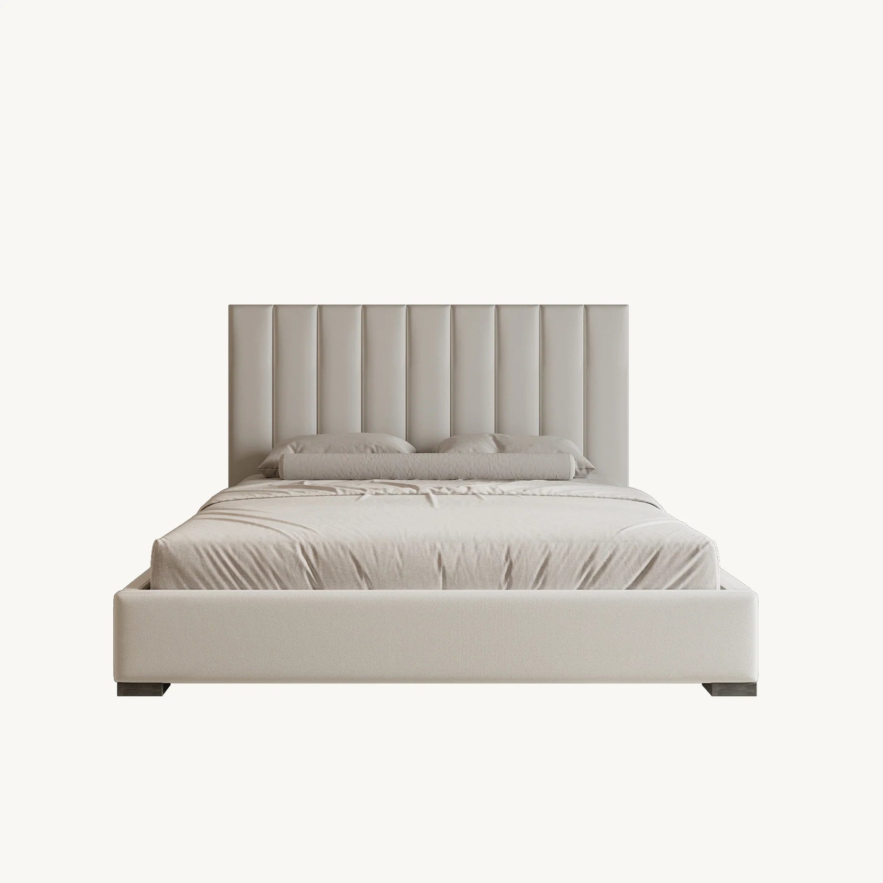 Modern upholstered bed with tall vertical panel headboard and neutral bedding